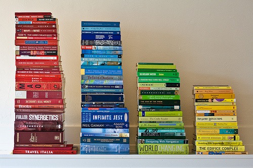 Four stacks of brightly colored books. You, too, can be an author! 