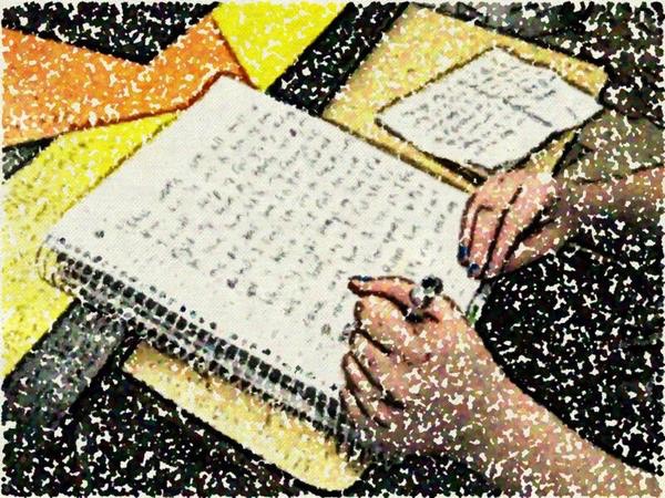 Illustration of two hands writing in a notebook with a pencil.