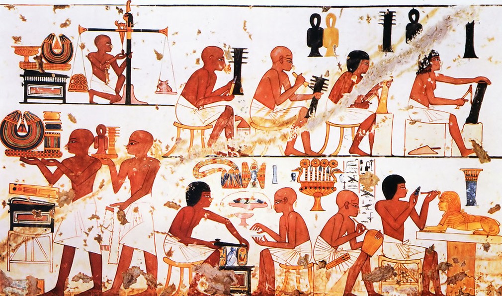 Ancient Egyptian Goldsmiths at work, a painting from the Tomb of Nebamun and Ipuky